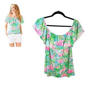 Lilly Pulitzer La Fortuna Off Shoulder Urchin Pink Lil Juicy Fruit Blouse Large